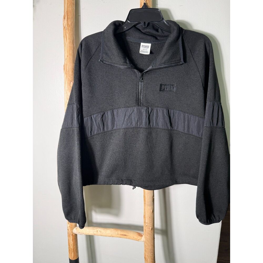 Pink Victorias Secret Black Cropped Quarter Zip Pullover Sweatshirt Womens Large